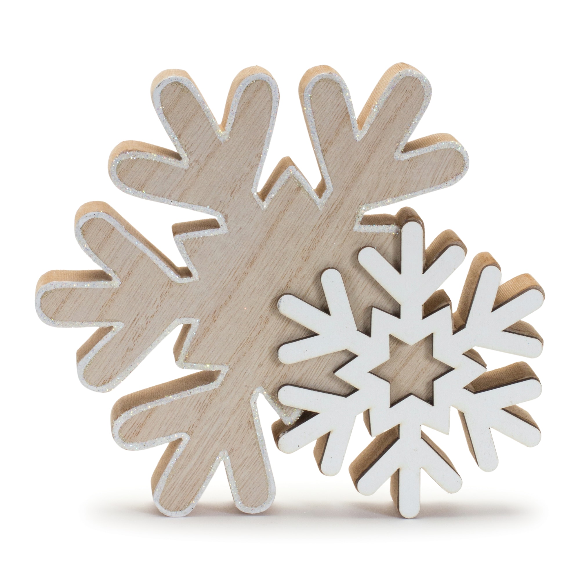 7" Natural & White Glittered Wood Snowflake, 4ct.
